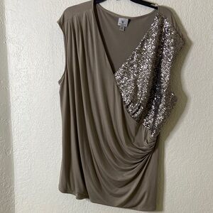 W by Worth Taupe Draped Top with Silver Sequin Panel